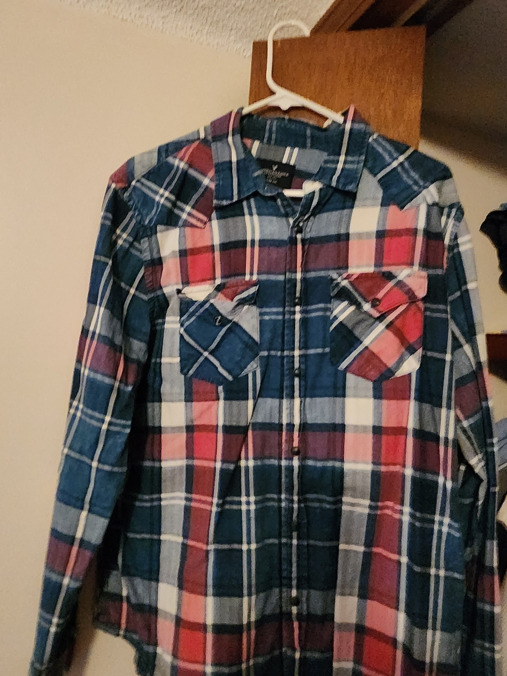 American Eagle Outfitters Blue & Red Plaid Button-Down Shirt